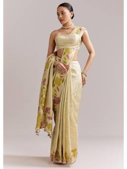KALKI FASHION - Lime Yellow Satin Saree with Digital Florals and Hand Embroidery