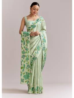 KALKI FASHION - Mint Green Satin Embellished Saree with Digital Florals