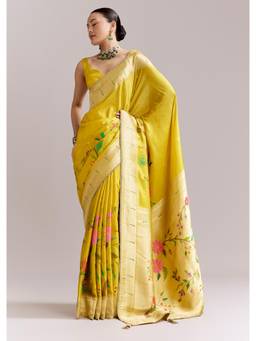 KALKI FASHION - Yellow Dola Silk Woven Muniya Paithani Saree with Zari Border