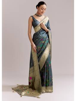 KALKI FASHION - Pencil Grey Dola Silk Woven Muniya Paithani Saree with Zari Border