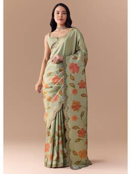 KALKI FASHION - Mint Green Jacquard Silk Floral Woven Saree with Unstitched Blouse