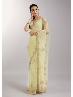 KALKI FASHION - Lime Green Embellished Net Saree