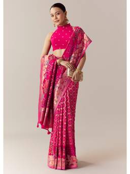KALKI FASHION - Pink Khadi Georgette Bandhani Saree with Unstitched Blouse
