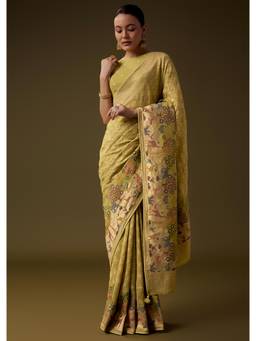 KALKI FASHION - Mehendi Green Khadi Georgette Saree with Unstitched Blouse