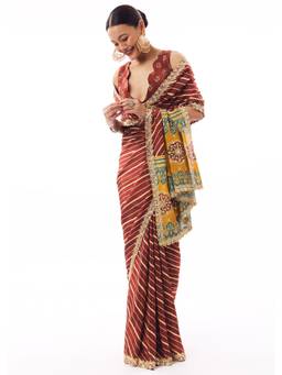 KALKI FASHION - Maroon Lehariya Crepe Saree with Gotta Work