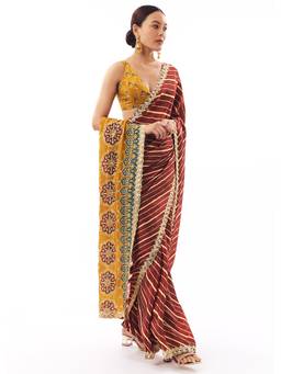 KALKI FASHION - Maroon Lehariya Crepe Saree with Scalloped Gotta Work Border