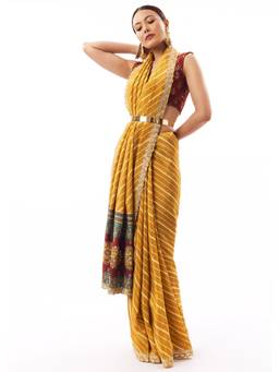 KALKI FASHION - Mustard Lehariya Crepe Saree with Scalloped Gotta Work Border