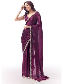 KALKI FASHION - Wine Satin Chinon Saree with All Over Sequin Embellishment