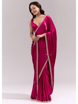 KALKI FASHION - Pink Satin Chinon Saree with Scalloped Moti Embroidered Border and Buttis
