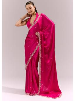 KALKI FASHION - Hot Pink Satin Chinon Saree with Hand Embroidered Border and Buttis