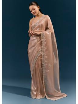 KALKI FASHION - Peach Net Saree with Scalloped Cutda and Sequin Embroidered Border