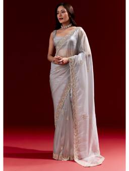 KALKI FASHION - Grey Net Saree with Scalloped Cutdana Embroidered Border