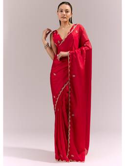 KALKI FASHION - Hot Red Satin Saree with Scalloped Embroidered Border and Butti