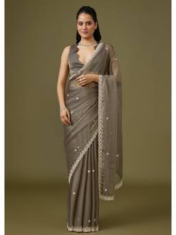 KALKI FASHION - Taupe Tissue Saree with Floral Border and Buttis