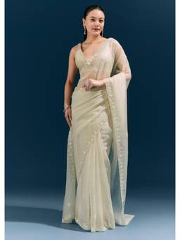 KALKI FASHION - Pista Green Crush Tissue Saree with Hand Embroidered Cutda Border and Butti