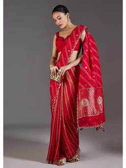 KALKI FASHION - Red Dola Silk Lehriya Saree