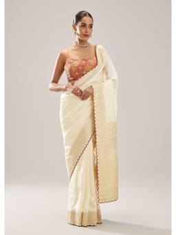 KALKI FASHION - Cream Gold Brocade Dola Silk Saree with Scallop Border
