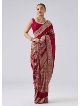 KALKI FASHION - Maroon Dola Silk Saree with Cutdana and Zari Embroidery