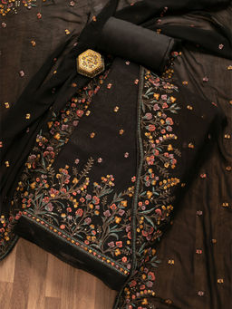 Koskii - Black Threadwork Georgette Unstitched Salwar Suit (Set of 3) (Set of Three)