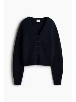 H&M - Women Navy Blue Rib-Knit V-Neck Cardigan