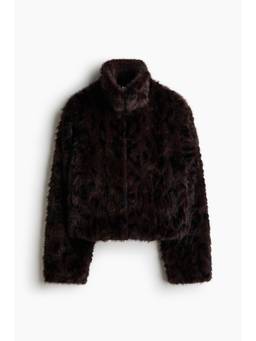 H&M - Women Brown Fluffy Funnel-Collar Jacket