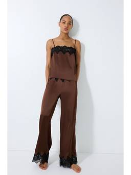 H&M - Women Brown Lace-Trimmed Satin Top