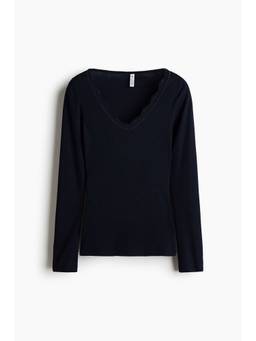 H&M - Women Navy Blue Lace-Trimmed V-Neck Top