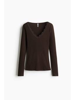 H&M - Women Brown Lace-Trimmed V-Neck Top