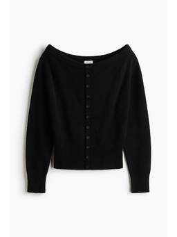 H&M - Women Black Boucl-Knit Boat Neck Cardigan