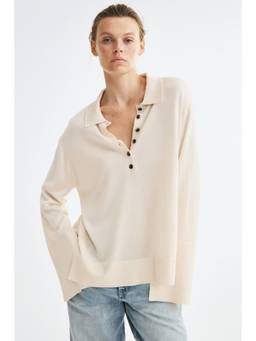 H&M - Women Off White Fine-Knit Polo T-Shirt