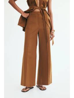 H&M - Women Brown Flared Linen-Blend Trousers