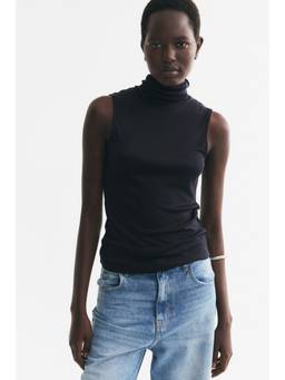 H&M - Women Navy Blue Fine-Knit Sleeveless Polo-Neck Top