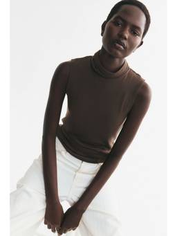 H&M - Women Brown Fine-Knit Sleeveless Polo-Neck Top