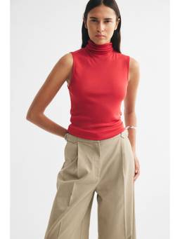 H&M - Women Red Fine-Knit Sleeveless Polo-Neck Top