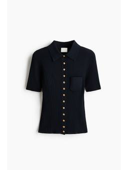 H&M - Women Navy Blue Short-Sleeved Rib-Knit Shirt