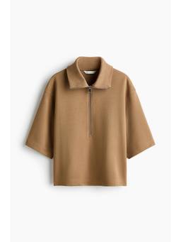 H&M - Women Beige Cotton Zip-Top Polo T-Shirt