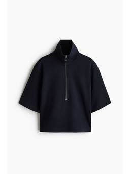 H&M - Women Navy Blue Cotton Zip-Top Polo T-Shirt