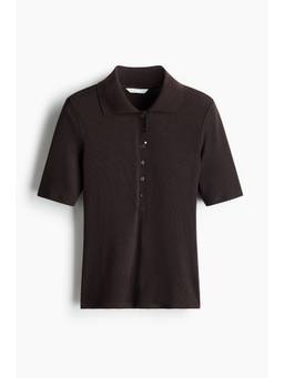 H&M - Women Brown Fitted Rib-Knit Polo T-Shirt