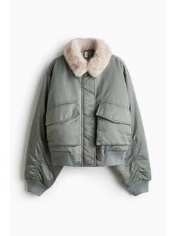 H&M - Women Grey Oversized Fluffy-Collared Bomber Jacket