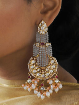 Joules By Radhika - Traditional Grey and Red Dangler Chandbali