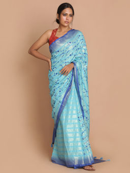 Indethnic - Banarasi Blue Embroidered Daily Wear Saree With Unstitched Blouse