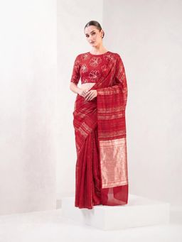 Sacred Weaves - Dark Red Stripe Silk Handloom Banarasi Saree