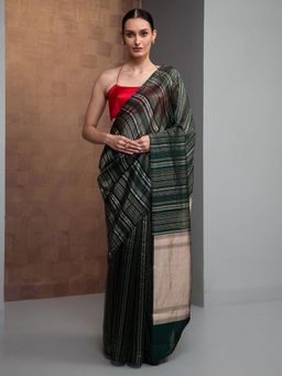 Sacred Weaves - Bottle Green Stripe Silk Handloom Banarasi Saree