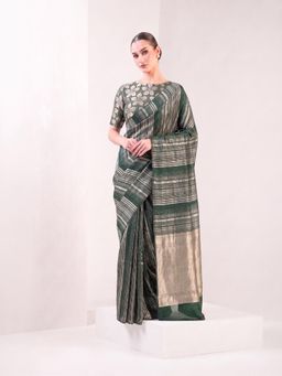 Sacred Weaves - Bottle Green Stripe Silk Handloom Banarasi Saree