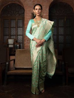 Sacred Weaves - Sea Green Minakari Handloom Banarasi Saree