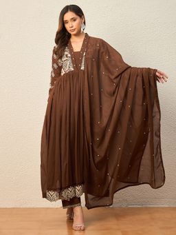 CHETI - Women Brown Pure Cotton Voile Anarkali Kurta with Trouser and Dupatta