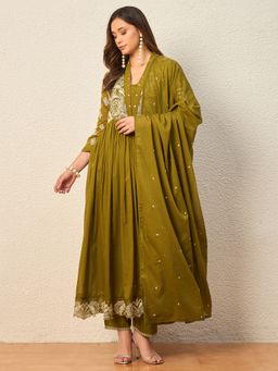 CHETI - Women Green Pure Cotton Voile Anarkali Kurta with Trouser and Dupatta