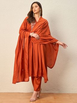 CHETI - Women Rust Bamboo Silk A-Line Kurta with Trouser and Dupatta