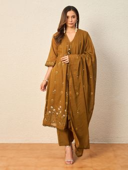 CHETI - Women Khaki Pure Cotton Coile A-Line Kurta with Trouser and Dupatta