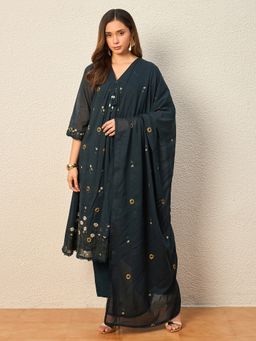 CHETI - Women Blue Pure Cotton Coile A-Line Kurta with Trouser and Dupatta